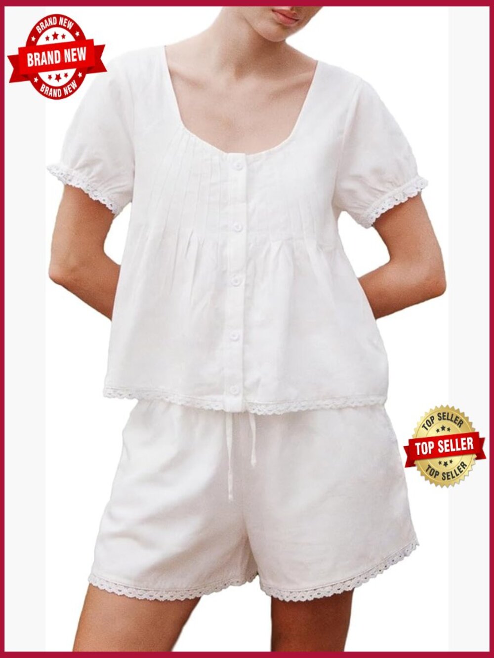 Women's Button Down Puff Sleeve Lace Trim Pajama Shorts Set